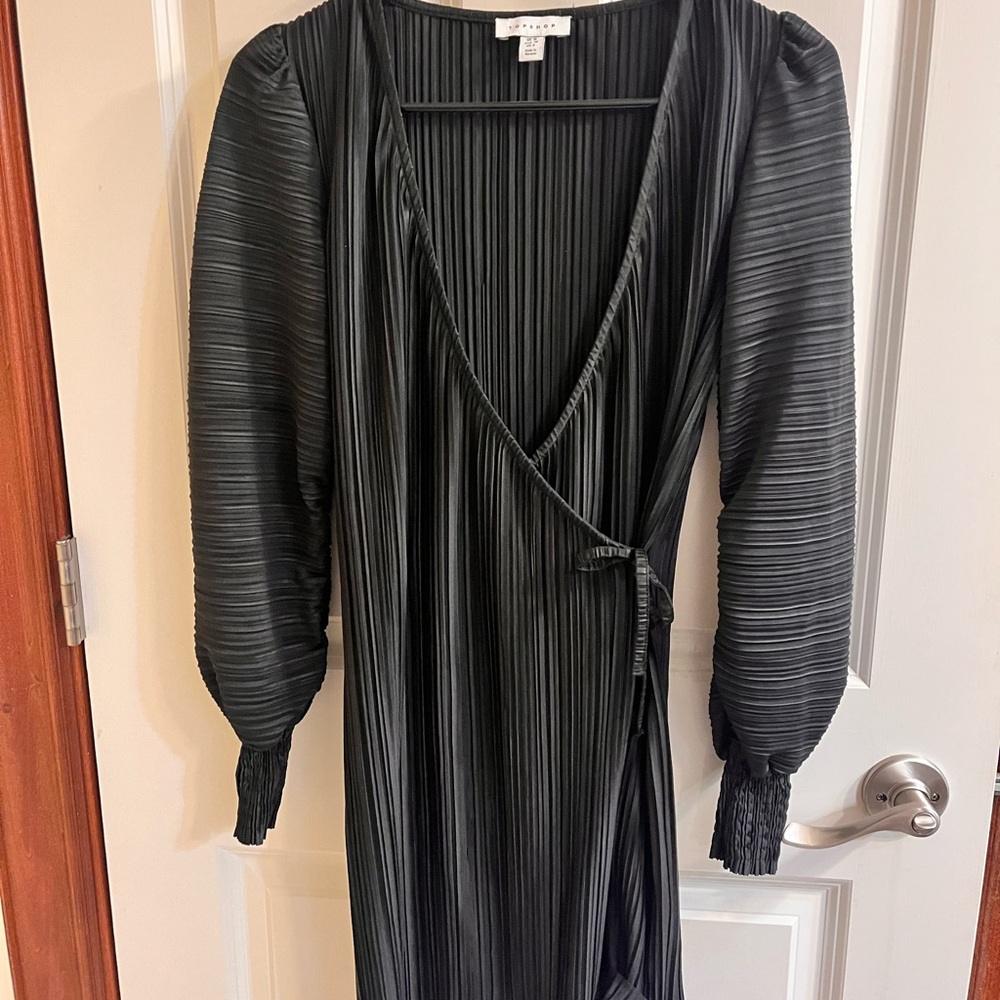Topshop Black Pleated Long Sleeve Mini Dress